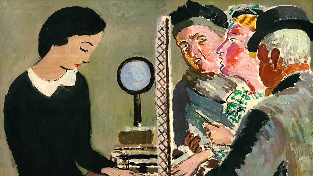 A close-up of painted poster artwork, showing a postal employee serving customers at the counter.