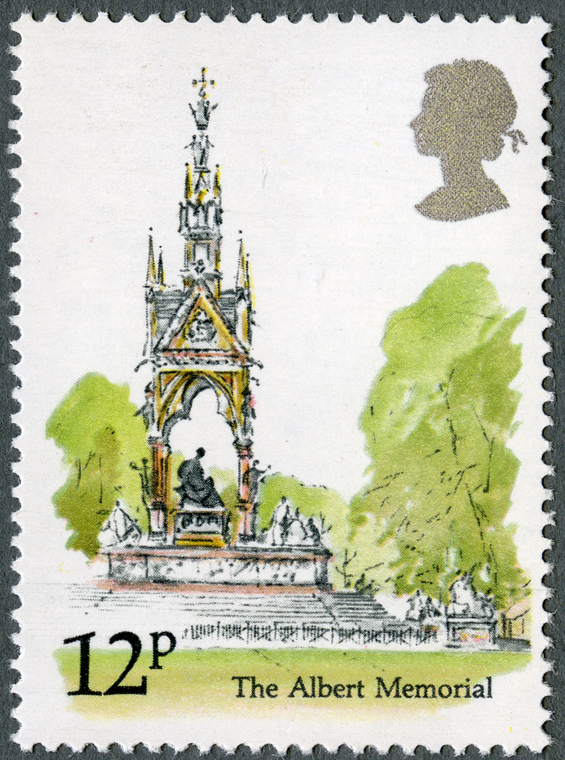 The stamp features a watercolour of the Prince Albert memorial in Kensignton Gardens.