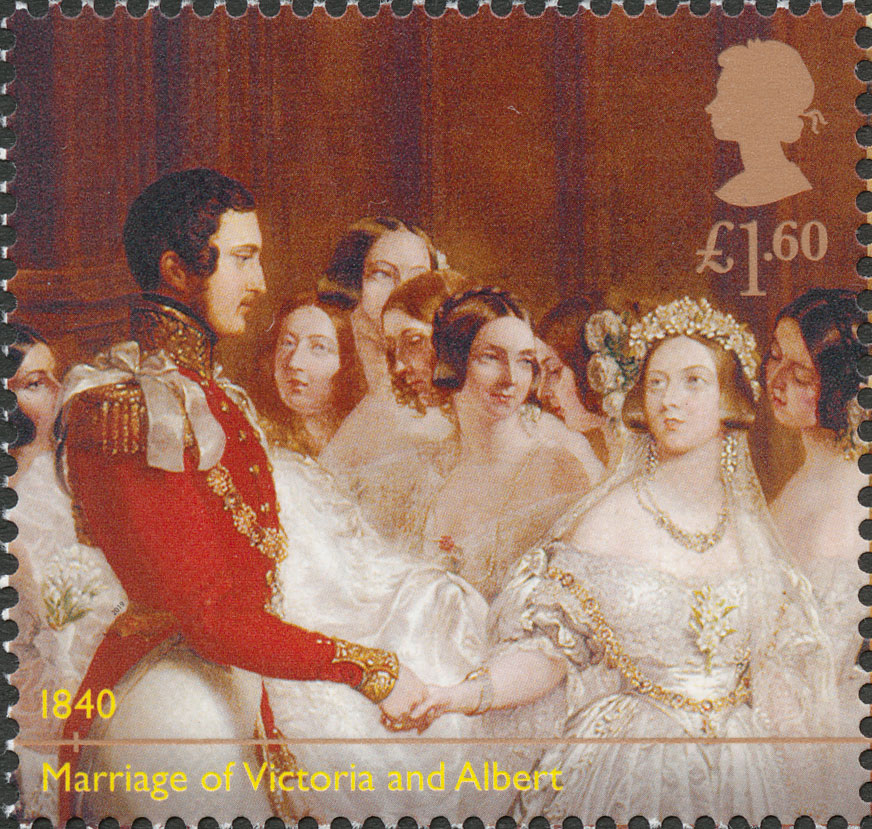 A stamp featuring a painting of the marriage of Queen Victoria and Albert surrounded by bridesmaids.