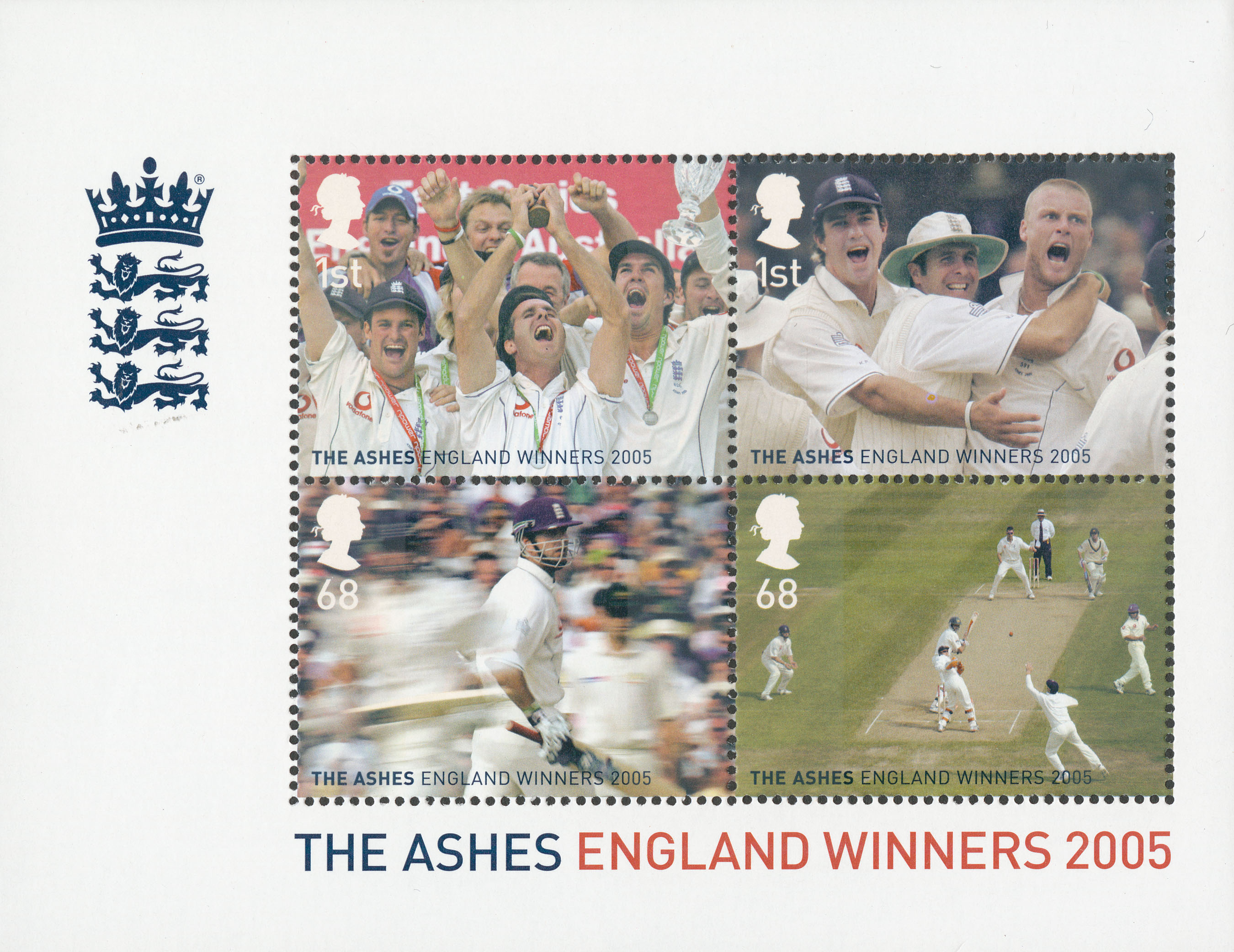 A miniature sheet featuring four stamps that show photographs from the Ashes tournament and an image of the team holding the cup.