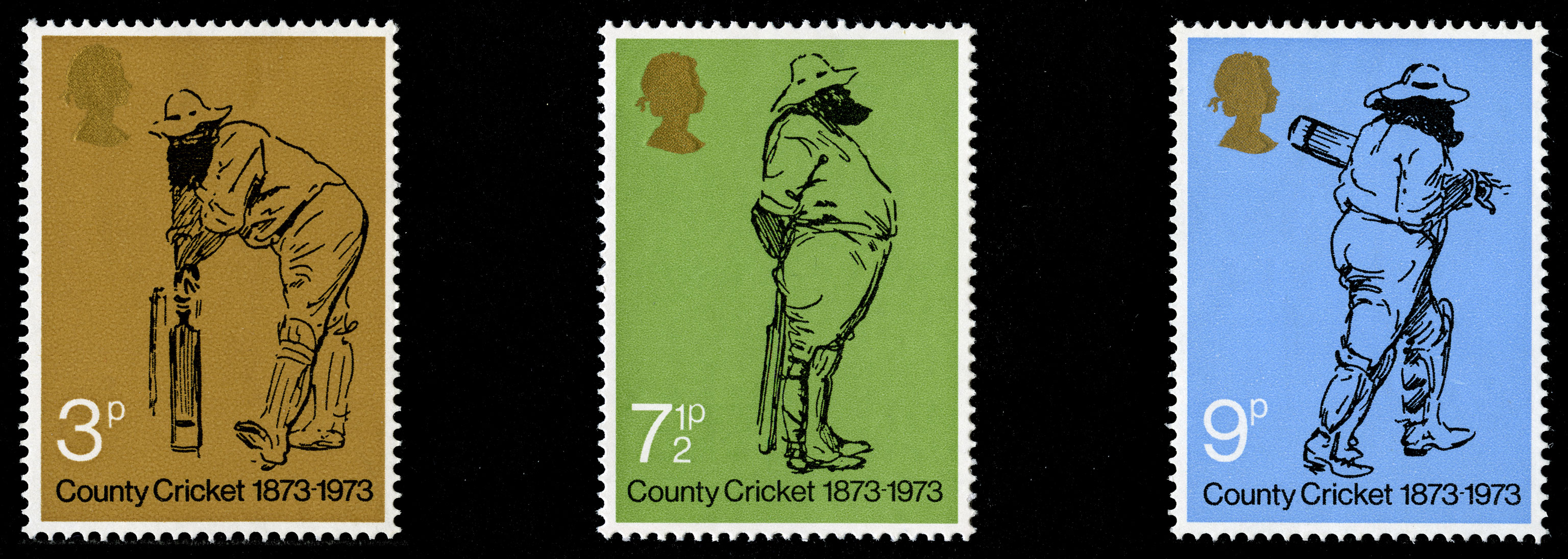 The three issued stamps for the 1973 County Cricket stamp set featuring cartoons of cricketers. 