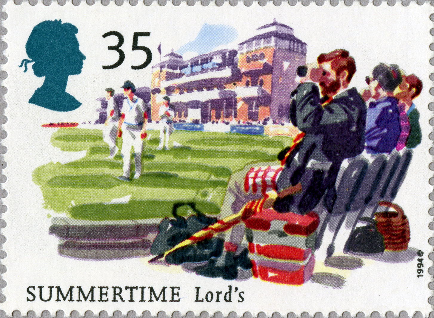 The issued design for 35p stamp featuring spectators watching cricket at Lord's.