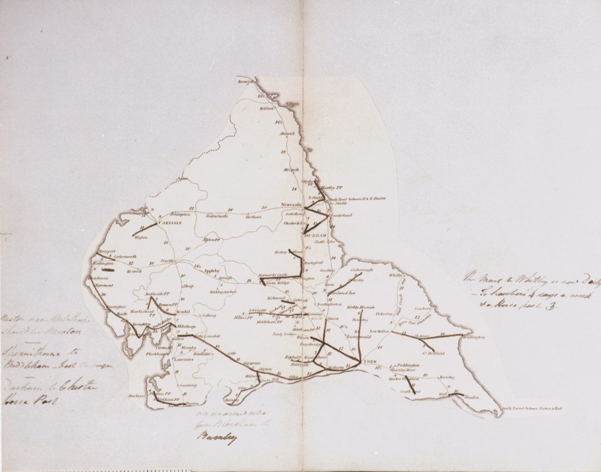 A printed map, coloured by hand, showing armed and unarmed rides in Northern England.