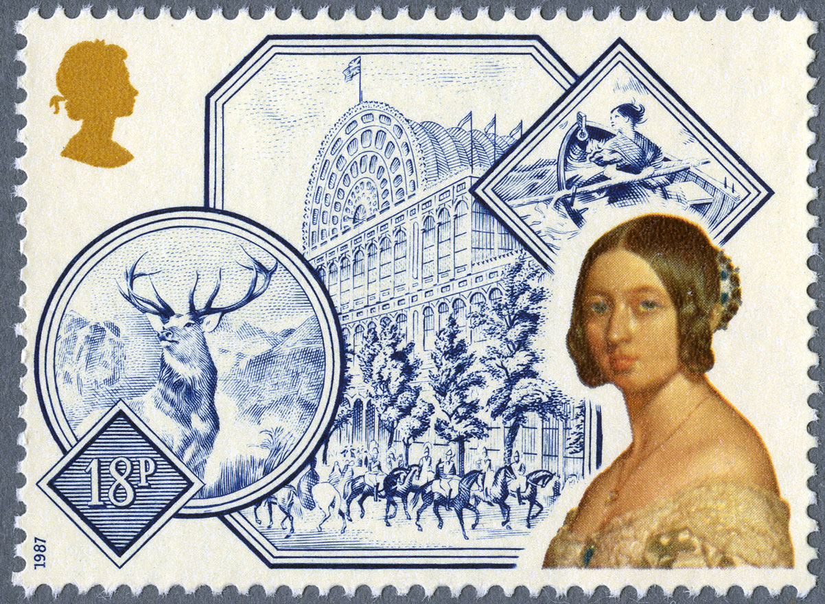 A stamp featuring illustration of Crystal Palace, a stag and a portrait of Queen Victoria.