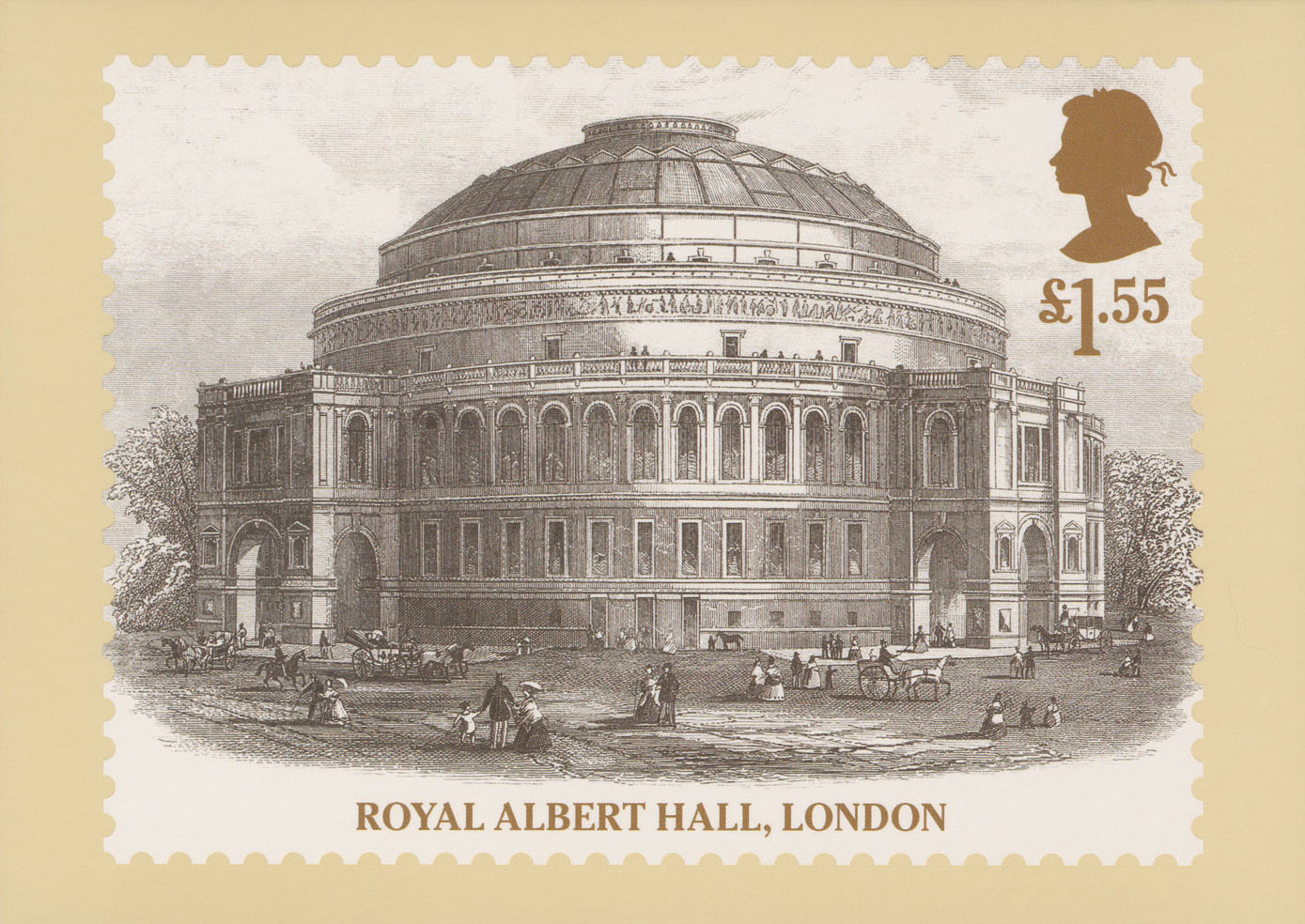 This postcard features an illustration of the Royal Albert Hall with Victorians walking around the outside.