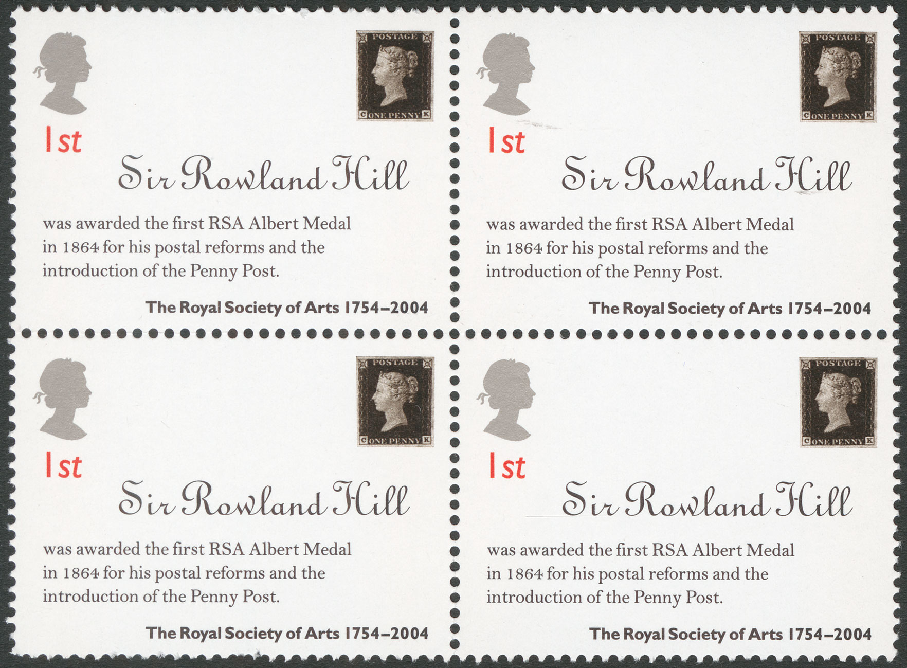 Four attached stamps featuring a Penny Black and information about Sir Rowland Hill receiving the RSA Albert medal.