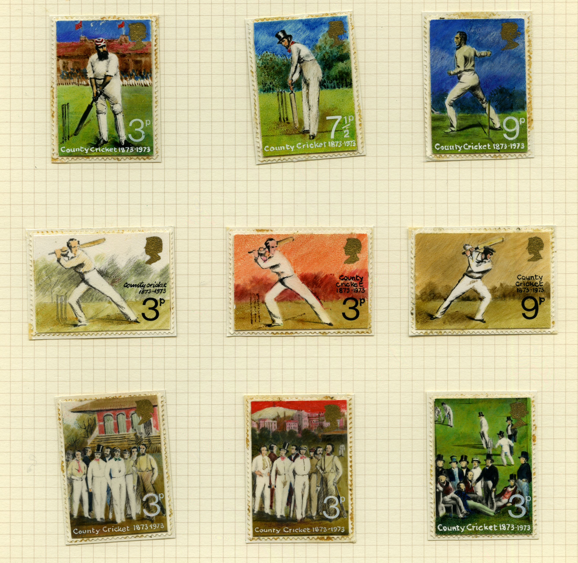 Nine stamp size colour illustrations of cricketers in different positions.