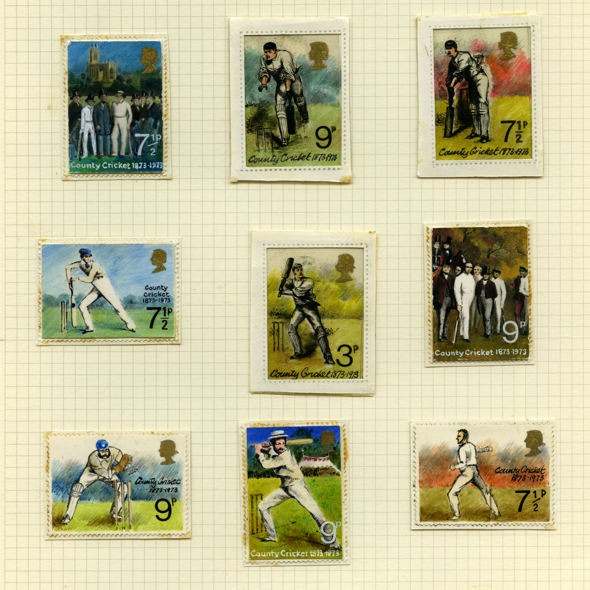 Nine stamp size colour illustrations of cricketers in different positions.