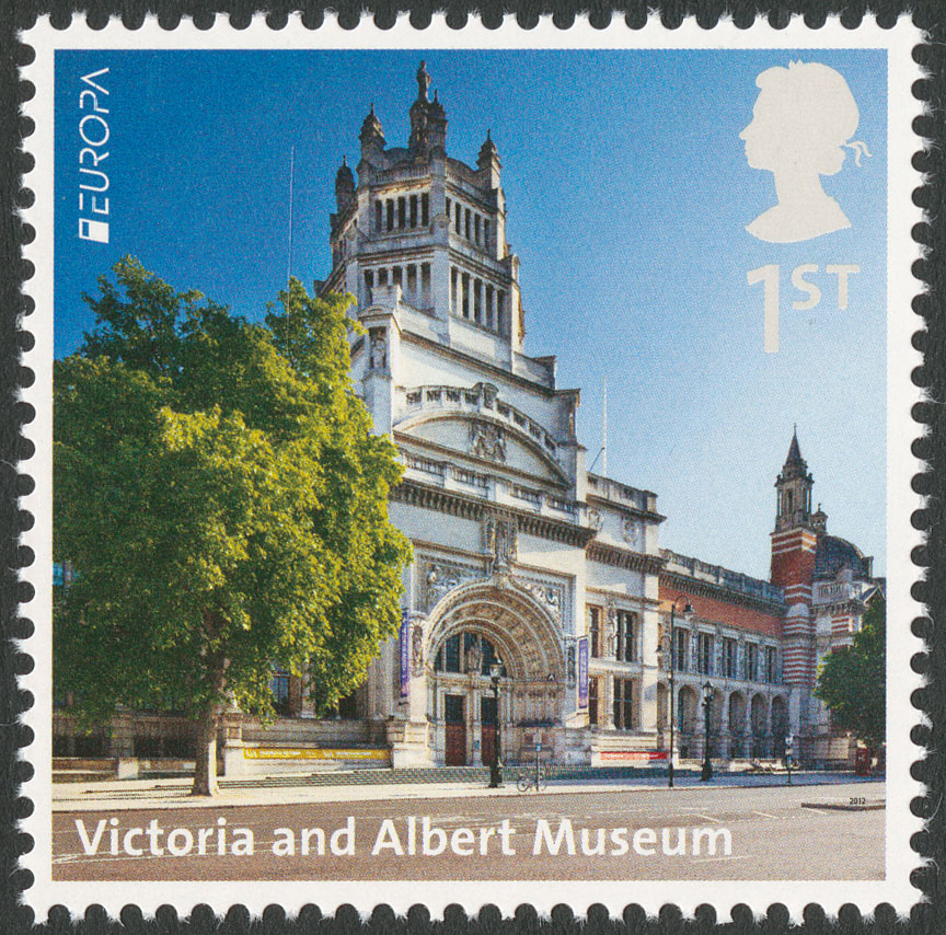 The stamp features a photograph of the entrance to the Victoria and Albert museum set against a blue sky.