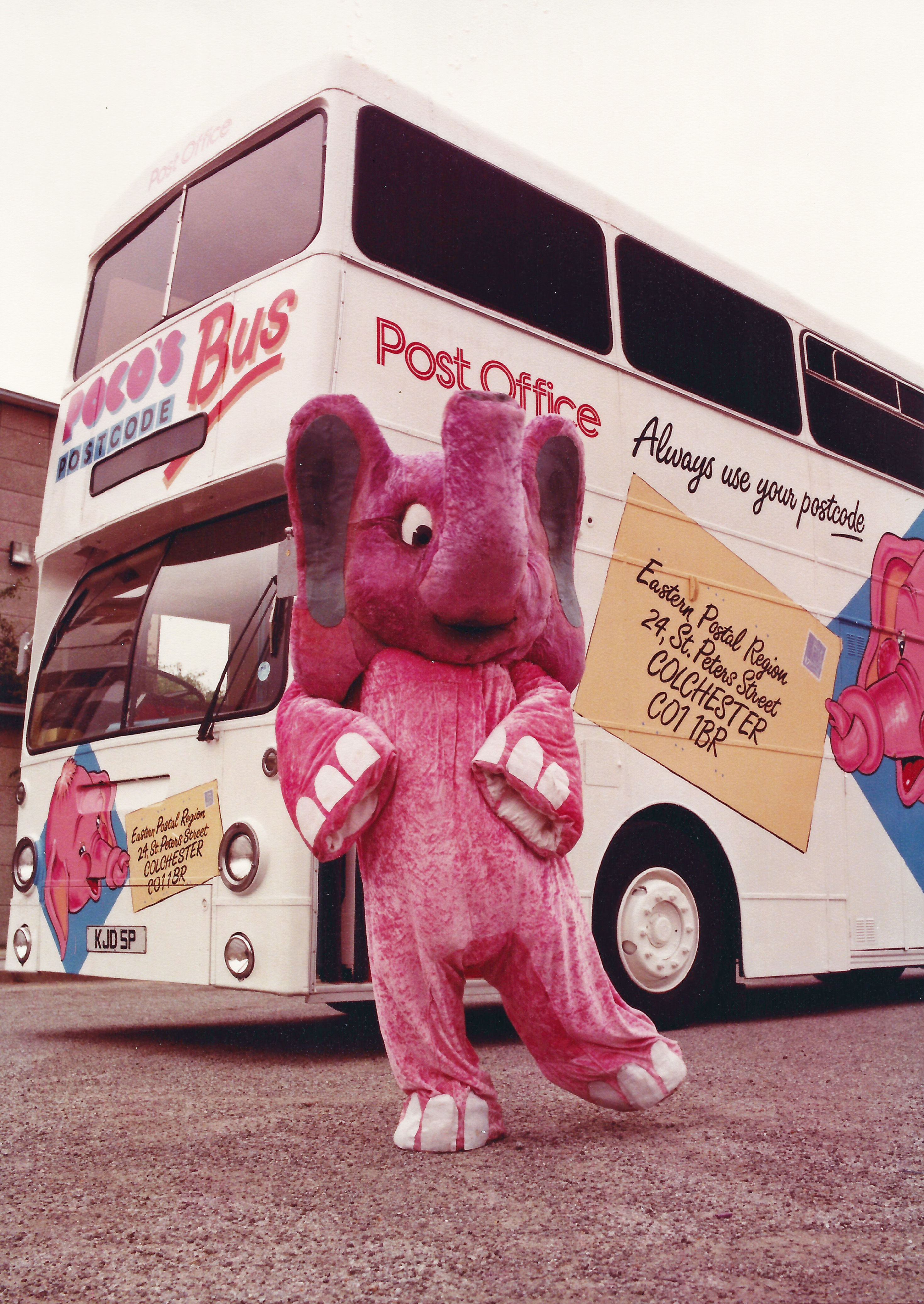 Costumed character with Poco's Postcode Bus, 1984