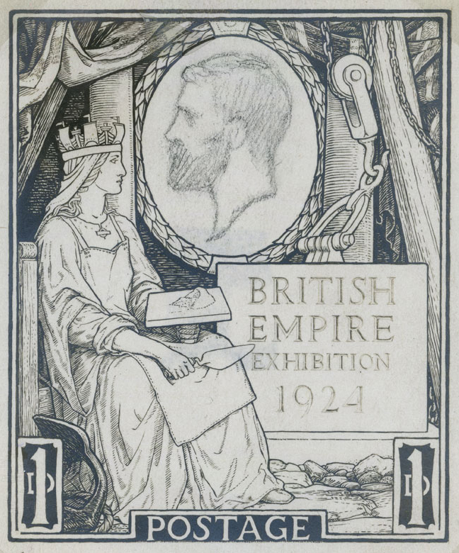 A sketch of Britannia holding a trowel with a rough profile of King George V in a oval.