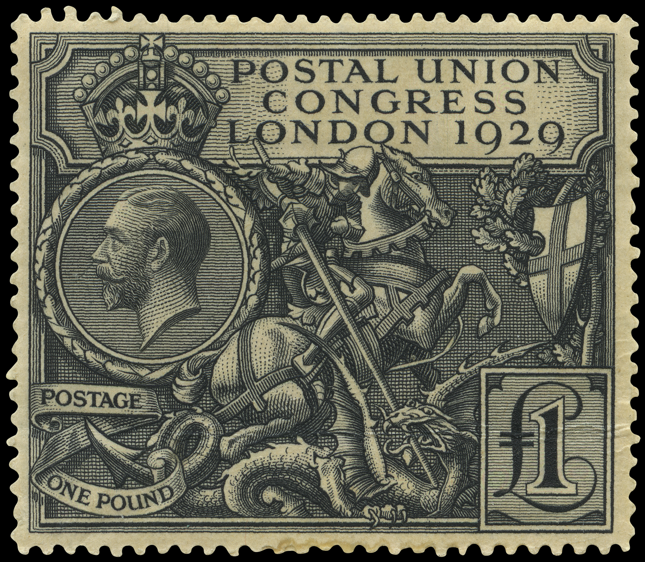 The issued stamp featuring St George on a horse spearing a dragon with a shield hanging in a tree.