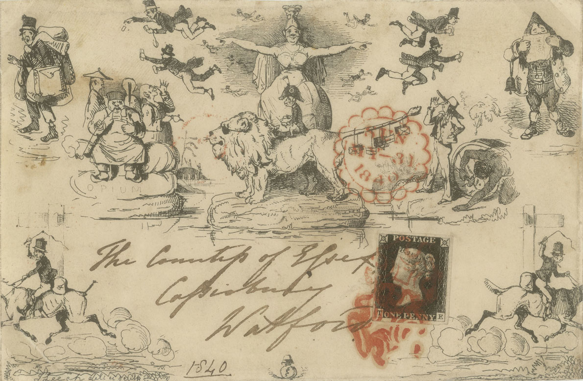 Envelope depicting Britannia in the middle with people from different countries to her left and right. Many of the other characters are delivering post.