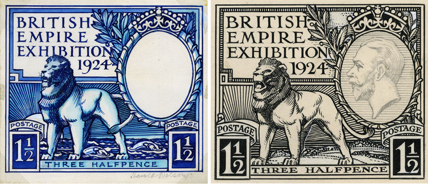 Left is a blue illustration of a lion standing in the sea, whereas on the right the black and white image places the lion on land.