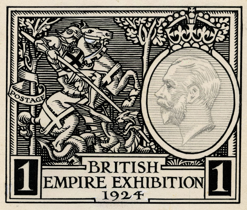 Black and white illustration of St George on a rearing horse attacking a dragon with the profile of King George V in an oval.
