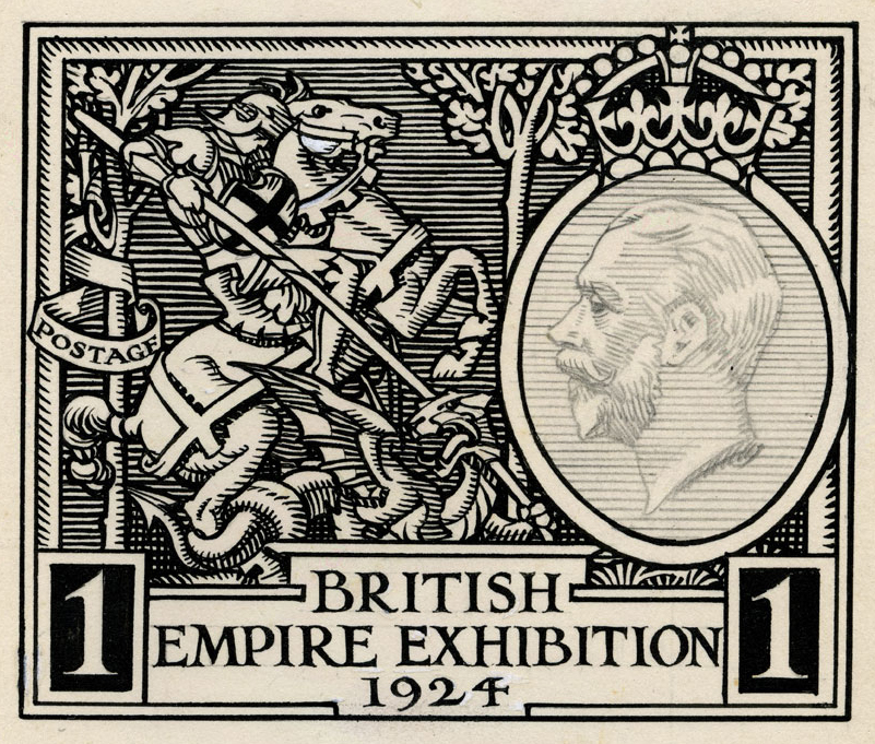 Black and white illustration of St George on a rearing horse attacking a dragon with the profile of King George V in an oval.