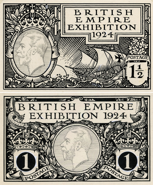 Two black and white designs, one featuring boats and the other dolphins with the profile of King George V in a ring.