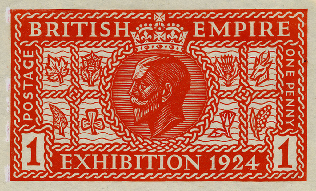 A red print of Rooke's design featuring entwined rope, symbols of the Colonies and a portrait of King George V in a circle.