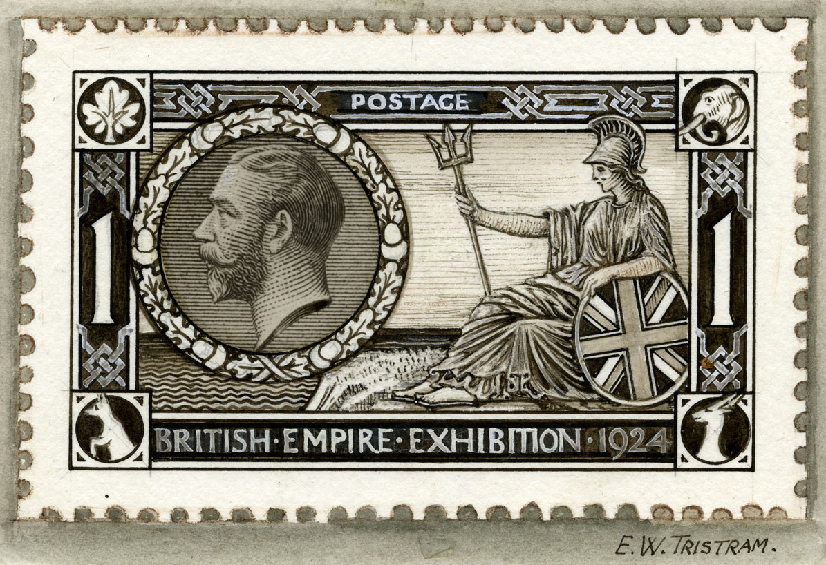 Black and white illustration of Britannia holding a shield and trident and a portrait of King George V in a circle.