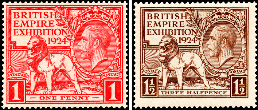 Two stamps depicting the lion design in red for the one penny value and in brown for the three halfpenny values.