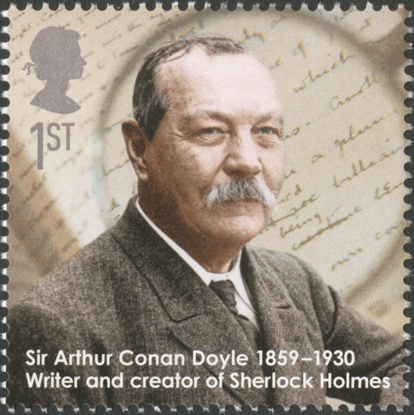 Stamp depicting the portrait of Sir Arthur Conan Doyle with written text in the background.