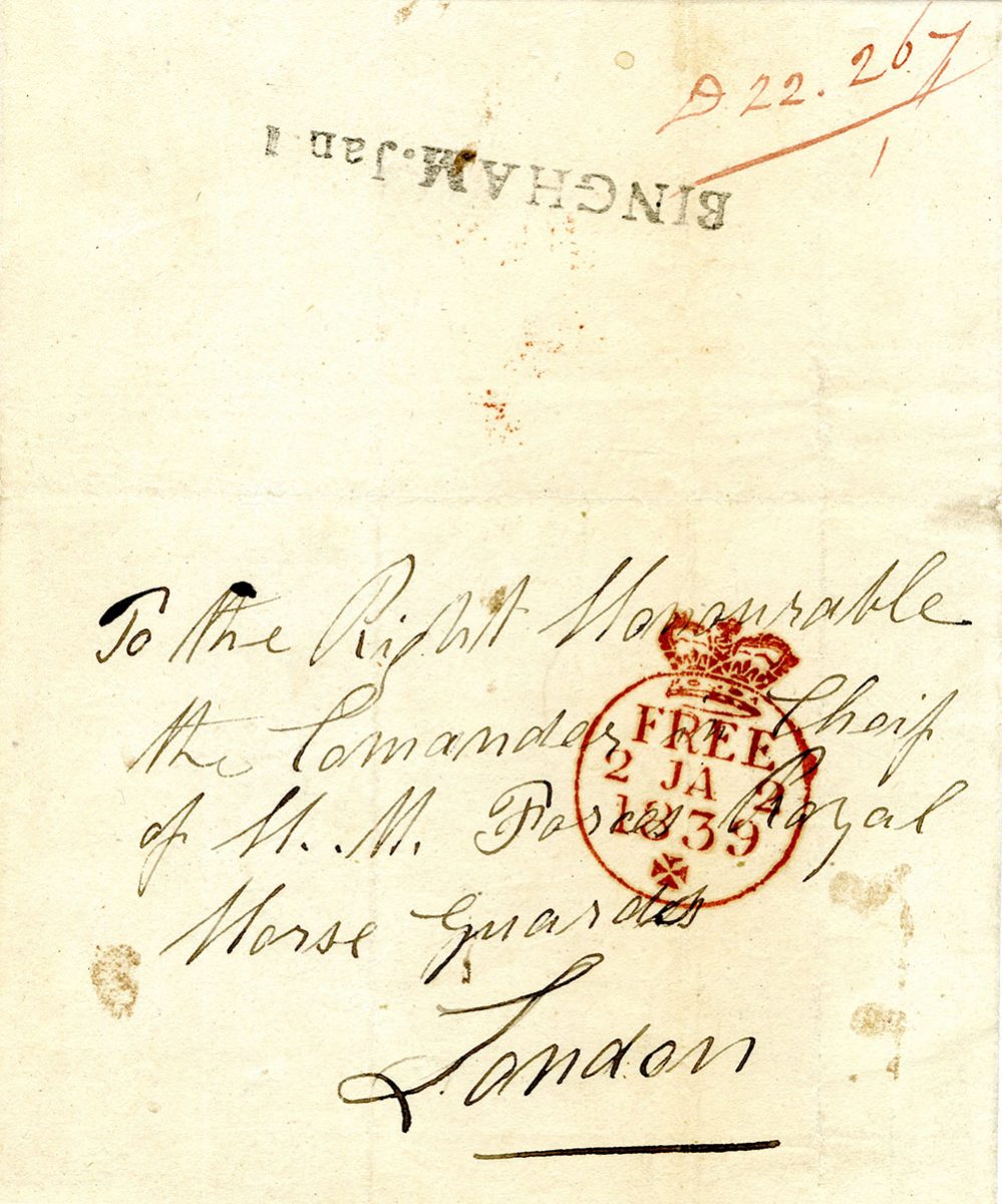 A handwritten letter dating from 1839, showing a red free frank stamp on it.