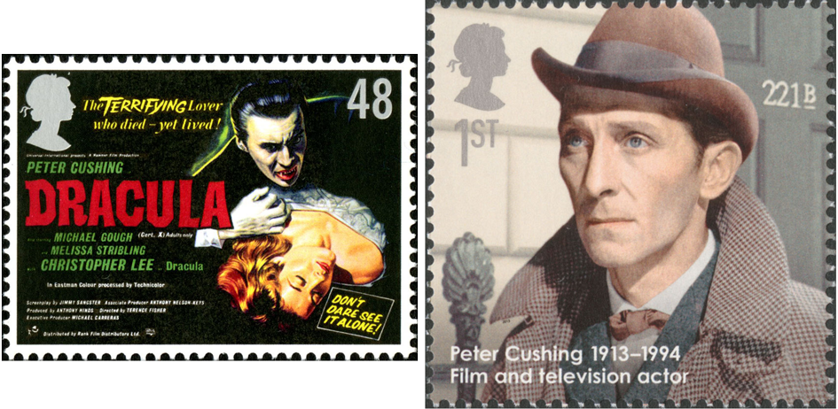 Two stamps depicting the actors Christopher Lee and Peter Cushing who have both played Holmes.