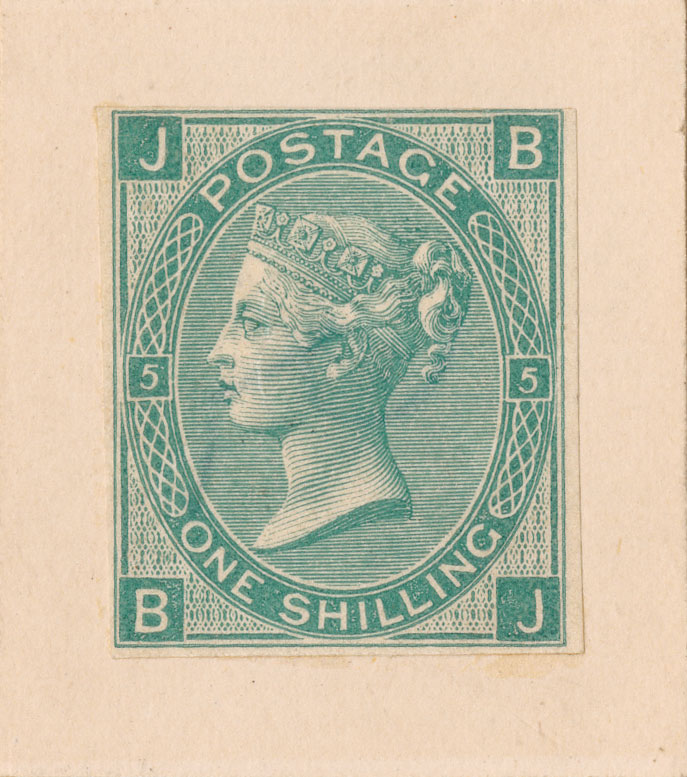 Example of a green one shilling stamp on cream mounted board.
