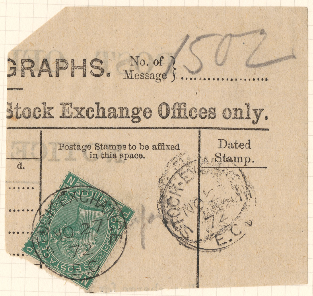Image of the corner of a telegram with a cancelled fake stamp numbered '1502'.