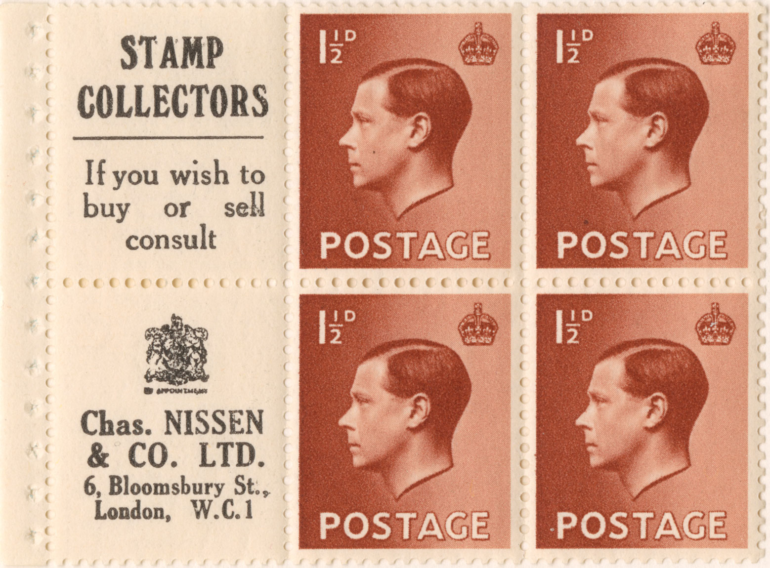 Image of four stamp and two labels of advertising from within a King Edward VIII stamp booklet.