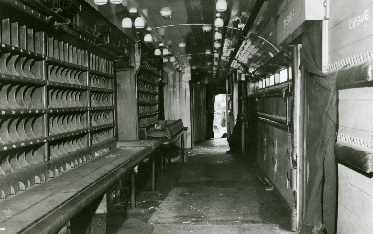 Black and white photograph of the inside of the Great Train robbery TPO carriage.