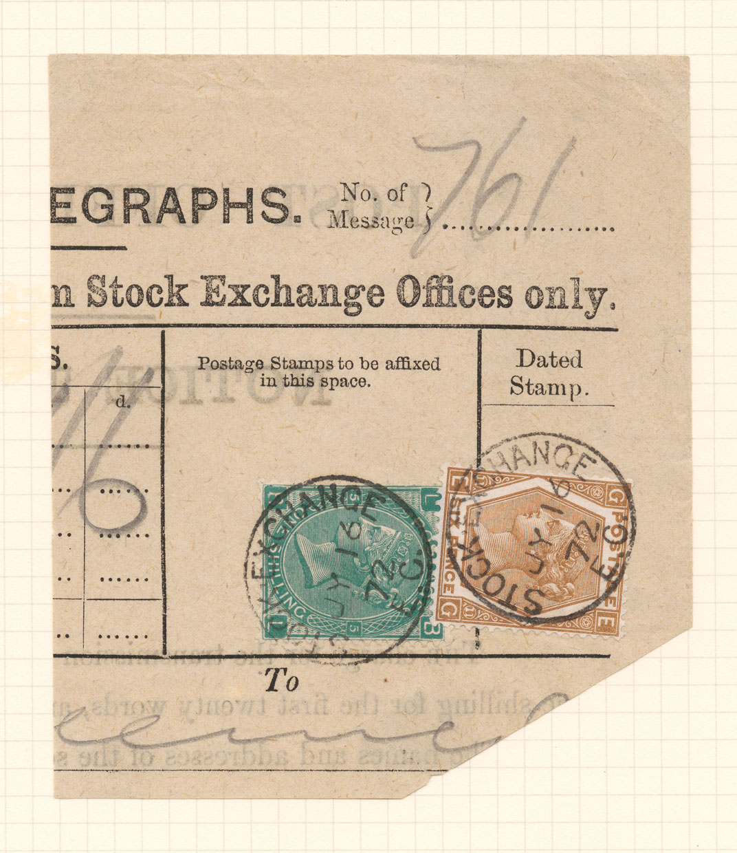 A telegram with a fake green one shilling stamp and a genuine six pence stamp affixed.