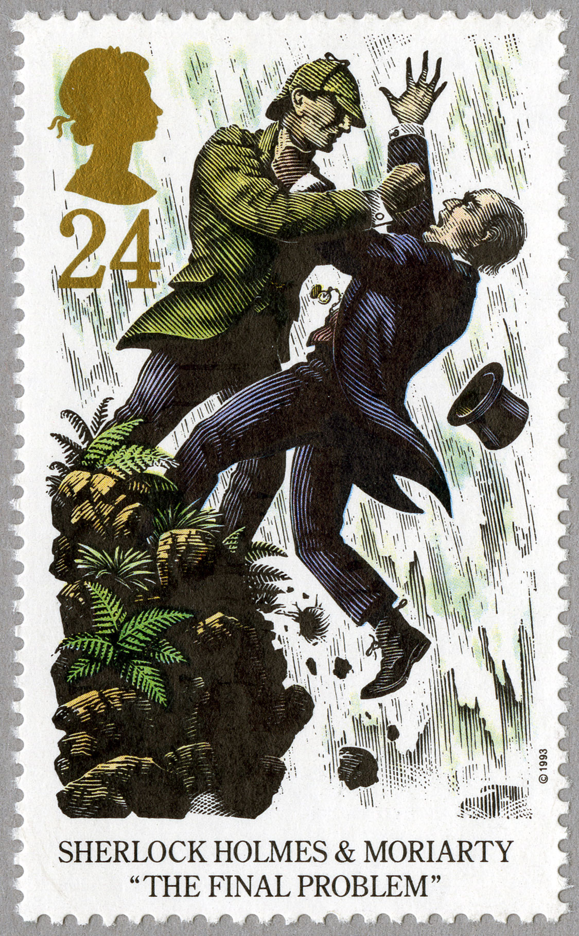 Stamp illustrating two men fighting as one falls over a cliff.