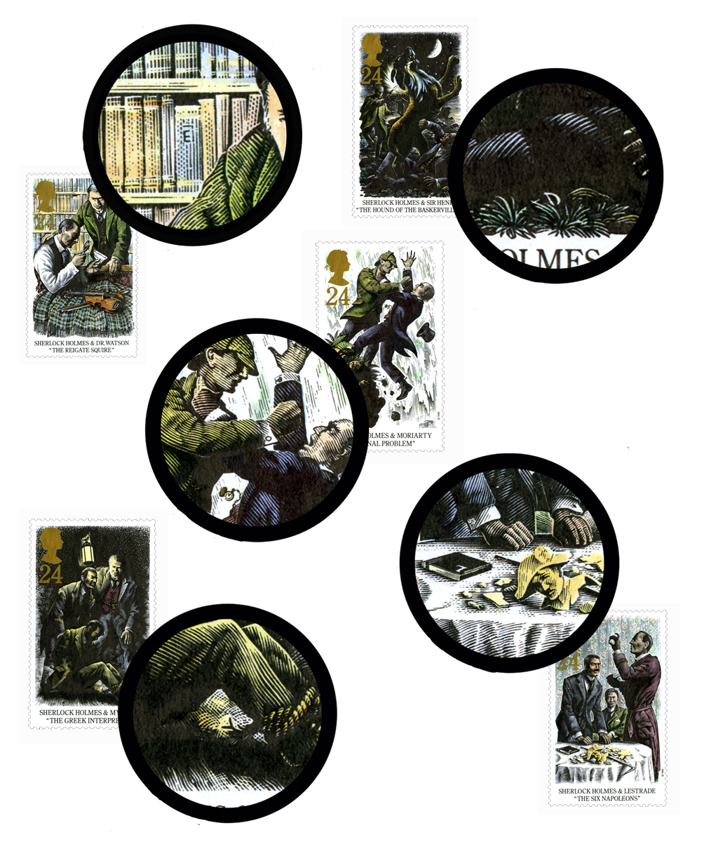 Images of the Sherlock stamps accompanied by blown up section showing where the hidden letters are.