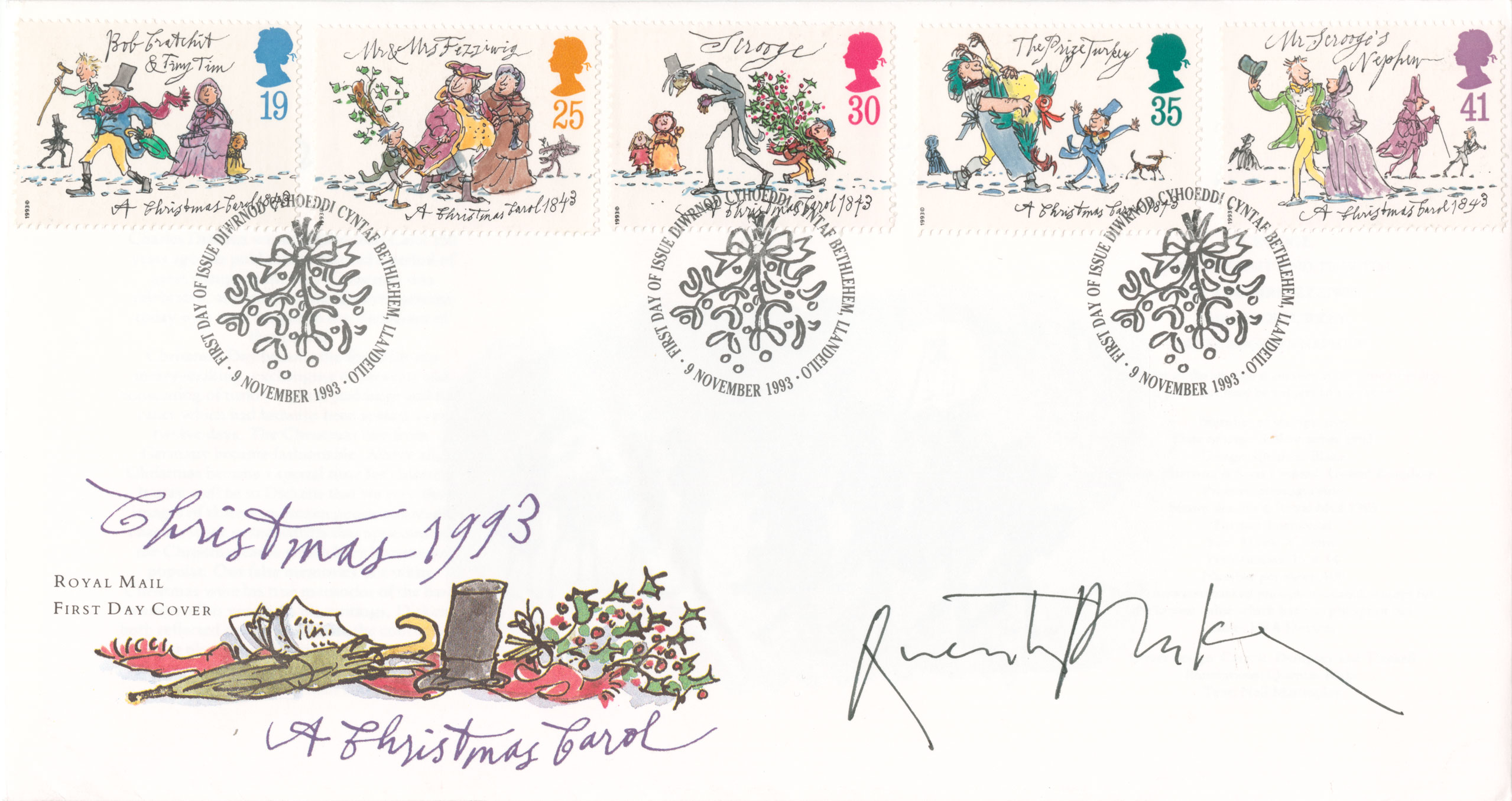 First day cover with the five issued stamp and an illustration of a hat and umbrella.