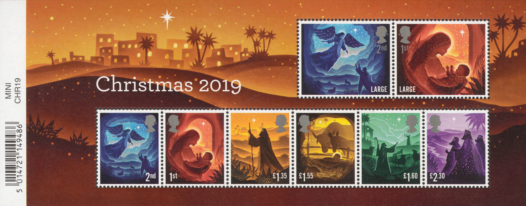 A small sheet of stamps containing 8 stamps featuring images of the nativity story. 