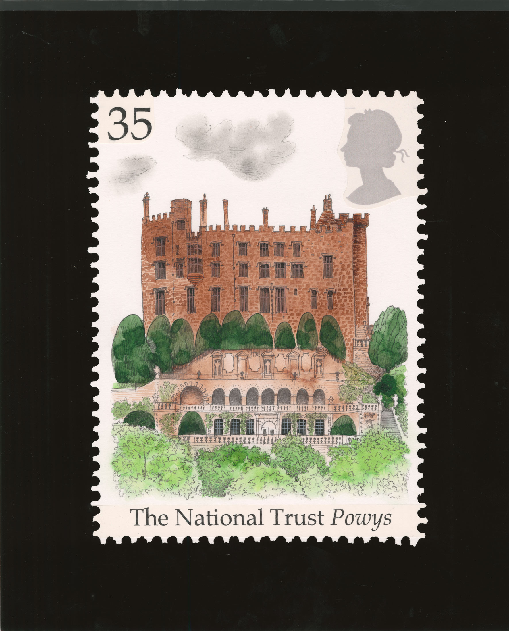 Stamp depicting a castle surrounded by trees and bushes.