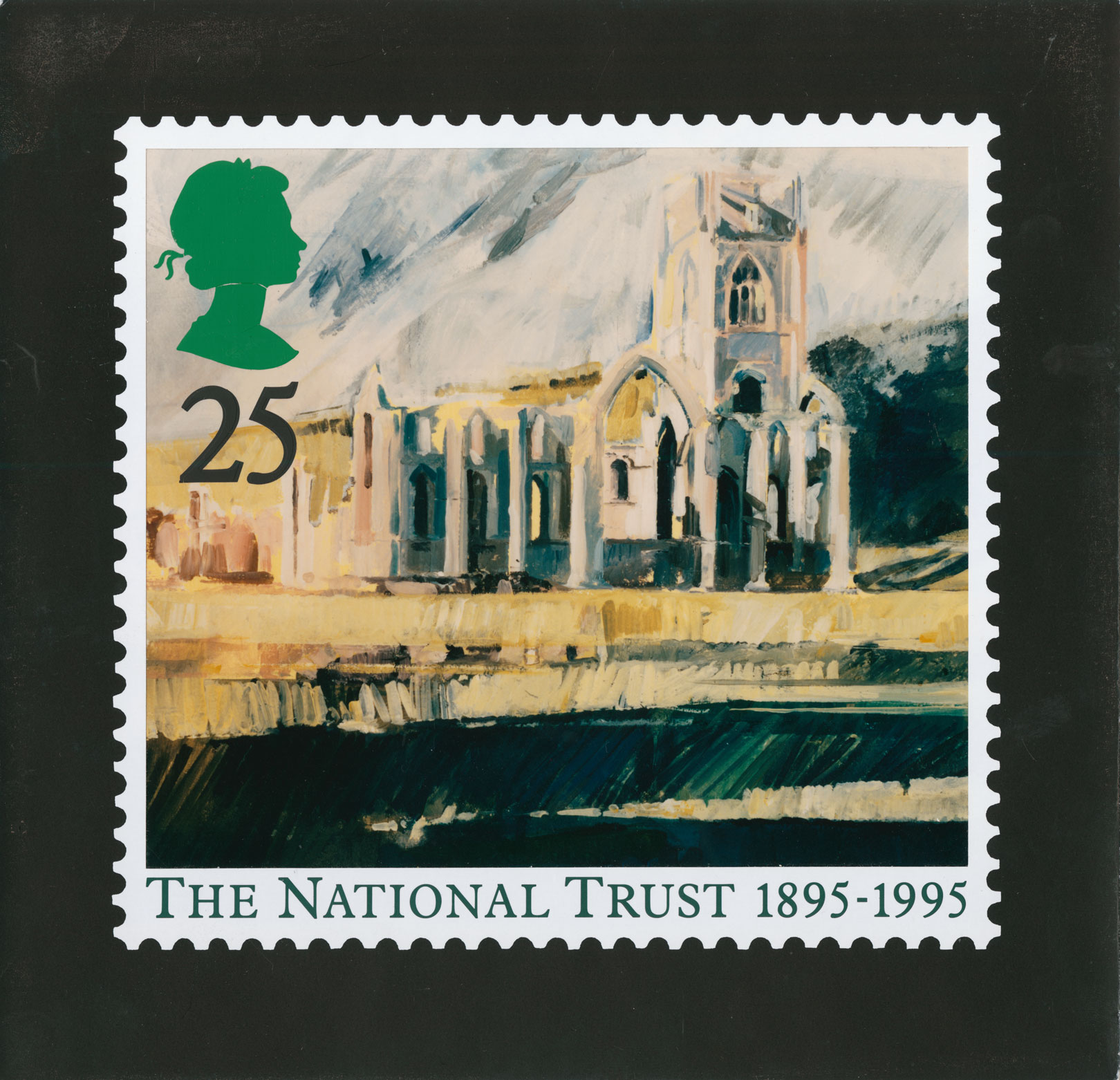 25p stamp depicting a painting of the abbey with caption and perforation surround. 