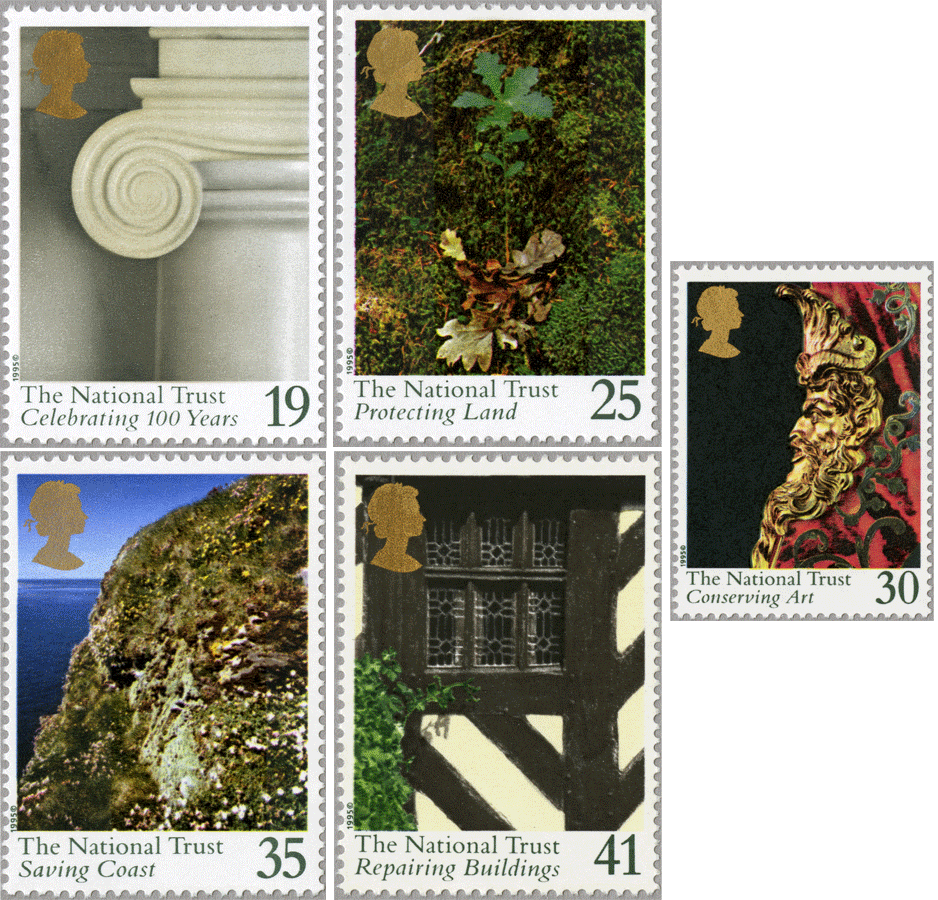 A set of 5 stamps depicting close-up photographs of features to National Trust properties. 