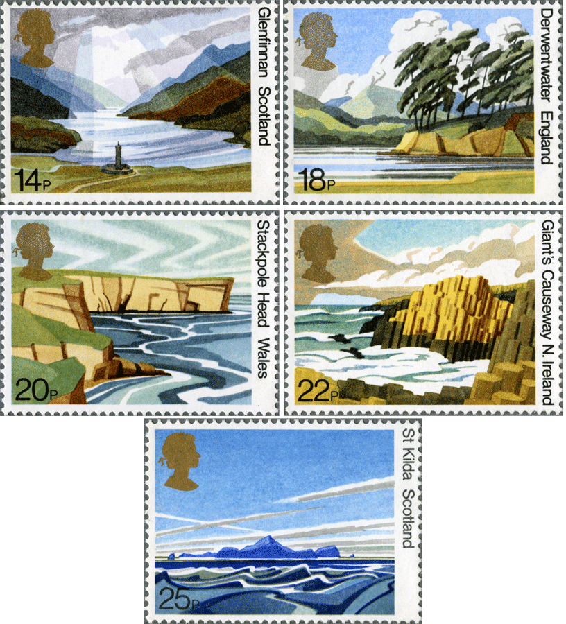 Image of 5 stamps depicting different landscapes from around Britain. 