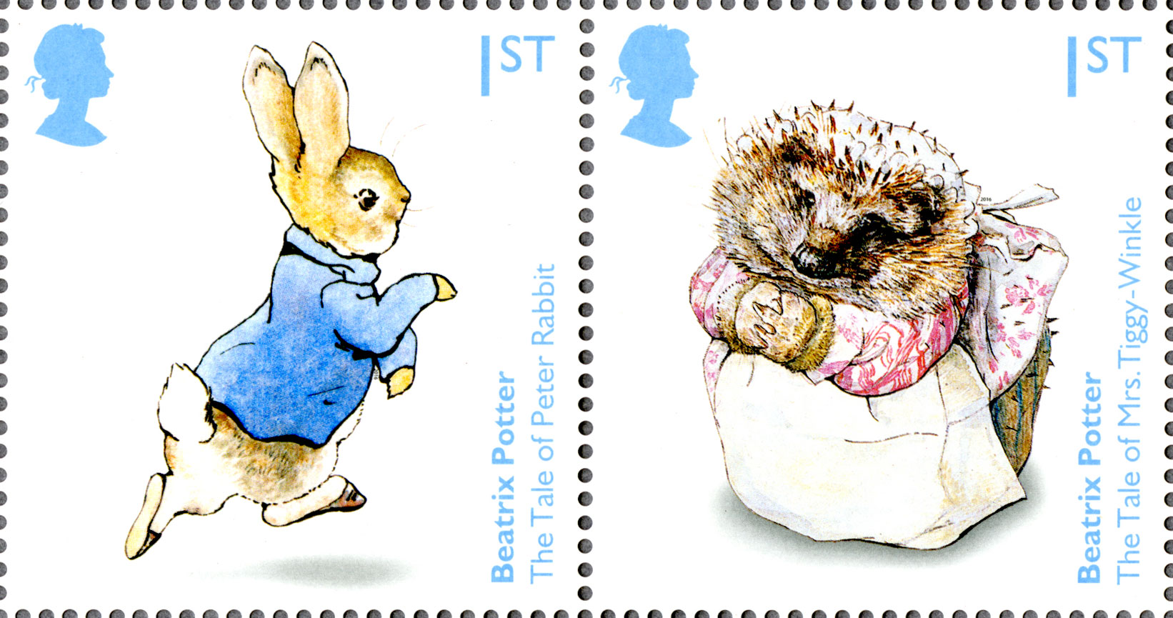 Two stamps depicting illustration of characters from children's books by Beatrix Potter. 