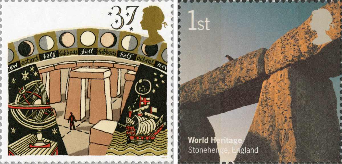 Two stamps depicting stonehenge. On the left is an illustrative version with moons and on the right a photographic close-up image of the stones. 