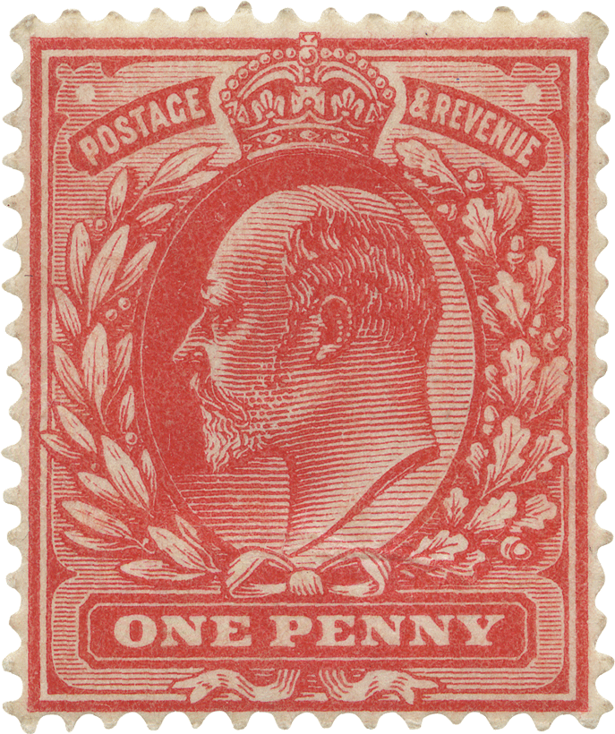 Red stamp featuring the profile of King Edward VII with surrounding foliage.