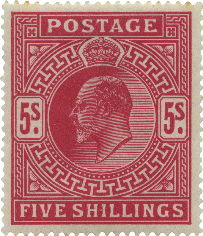 Pink stamp featuring the profile of King Edward VII and geometric patterns. 