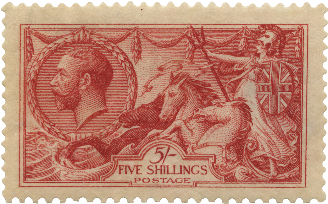 Pink stamp featuring Britannia riding the waves with a profile of King George V.