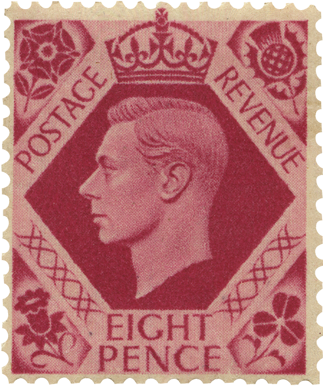 Pink stamp featuring a profile of King George VI in a hexagon.