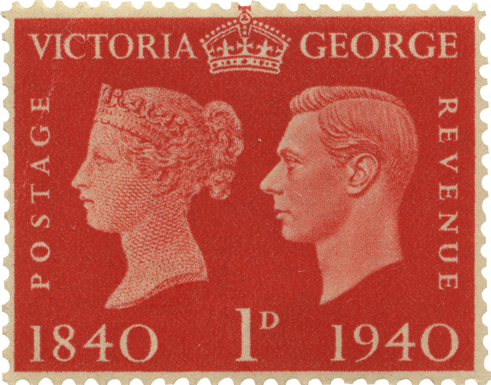 Red stamp featuring the profile of Queen Victoria and King George VI.