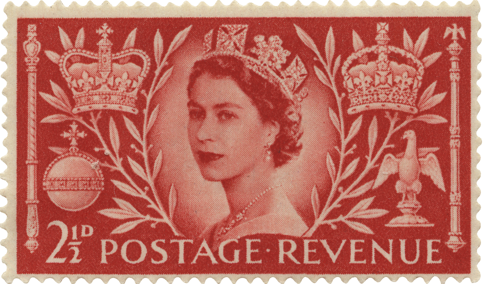 Red stamp featuring the three-quarter profile of Queen Elizabeth II surrounded by crowns and sceptres.