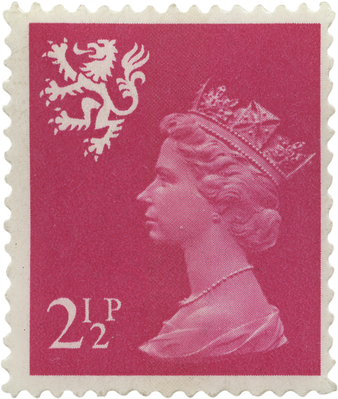Pink stamp featuring a profile of Queen Elizabeth II and a small rampant lion in the top left corner.