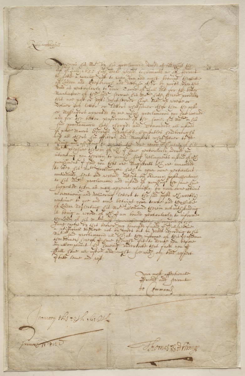 Handwritten letter signed by Thomas Witherings. The writing is in secretary hand, a typical style of handwriting in this period.